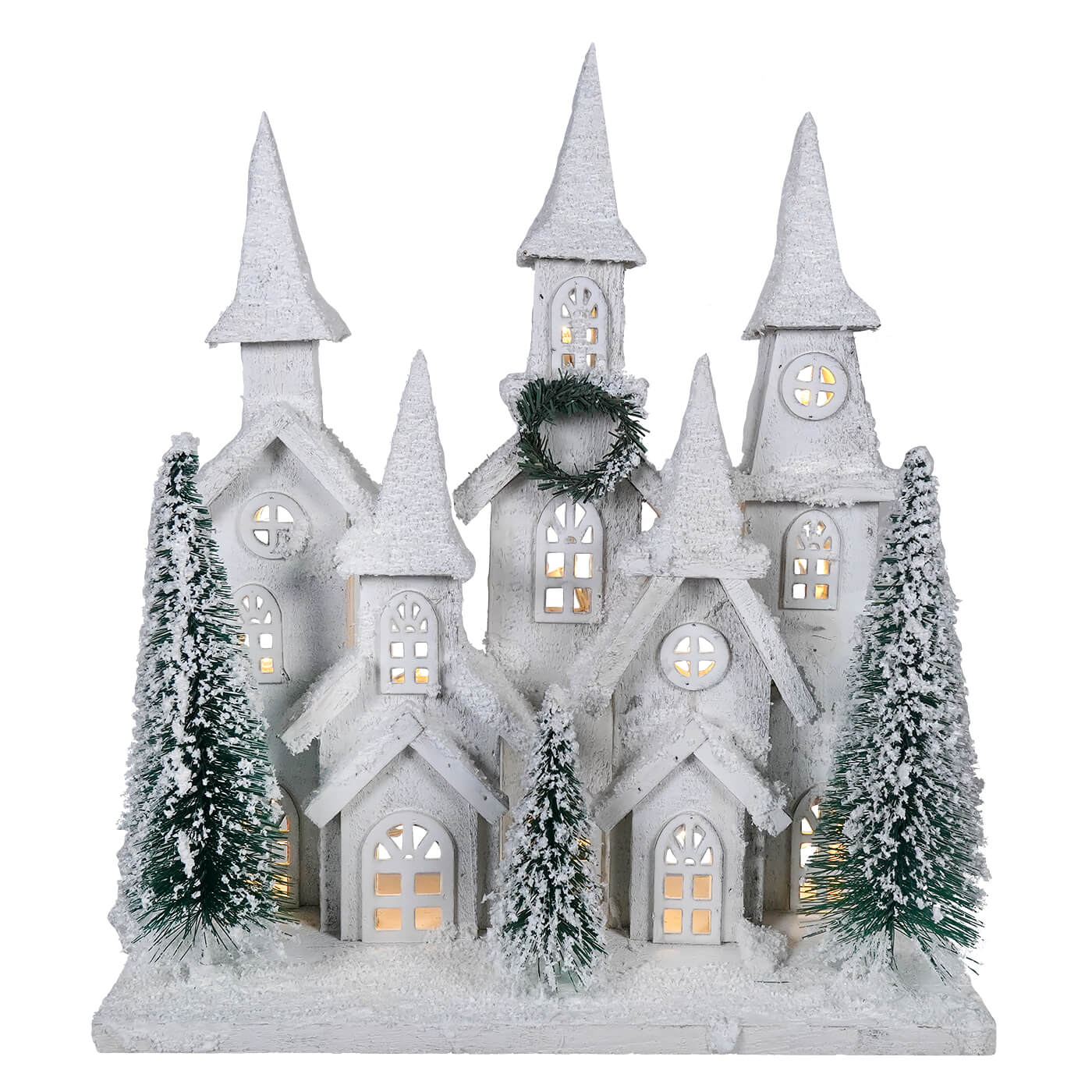 16" LED Lighted Winter Holiday Frosted Wood House With Bottle Brush Trees