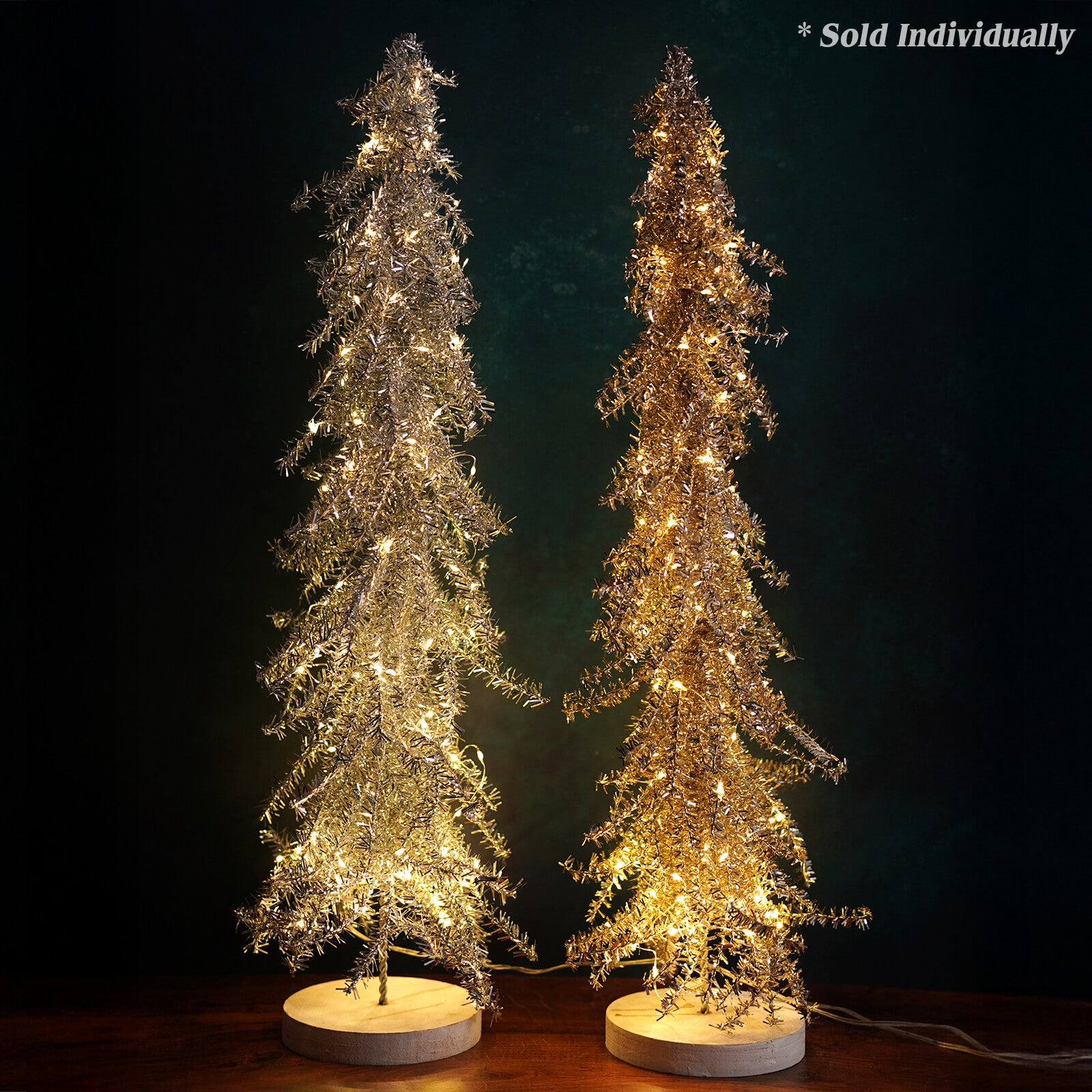 24" LED Lighted Silver Tinsel Metal Holiday Tree With Wood Base