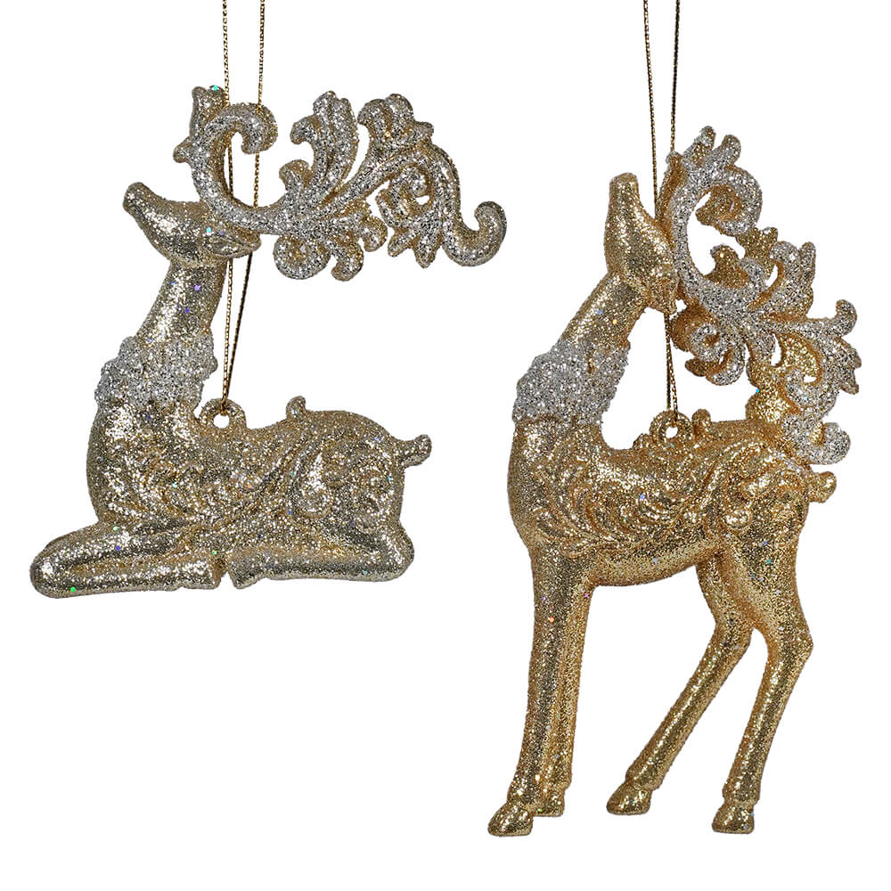 Gold & Platinum Glittered Deer Ornaments Set/2