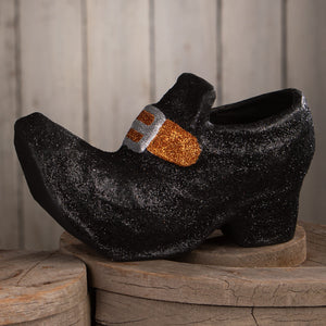 Black glittery old witch shoe paper mache with silver orange glitter buckle perfect for halloween witches decor