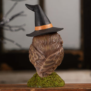 Brown owl figurine with black witch hat and orange band on mossy base from bethany lowe design halloween witches collection