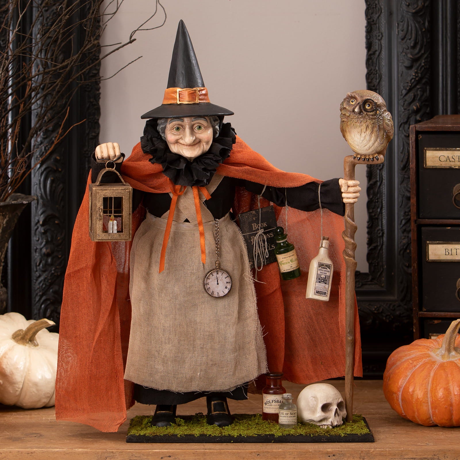 Detailed halloween witches figurine potion peddler zelda witch with black hat orange scarf burlap dress owl and lantern
