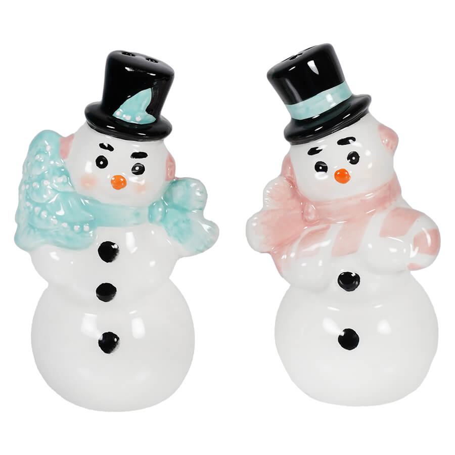 Pastel Pink & Turquoise Snowmen Salt & Pepper Shakers Set/2