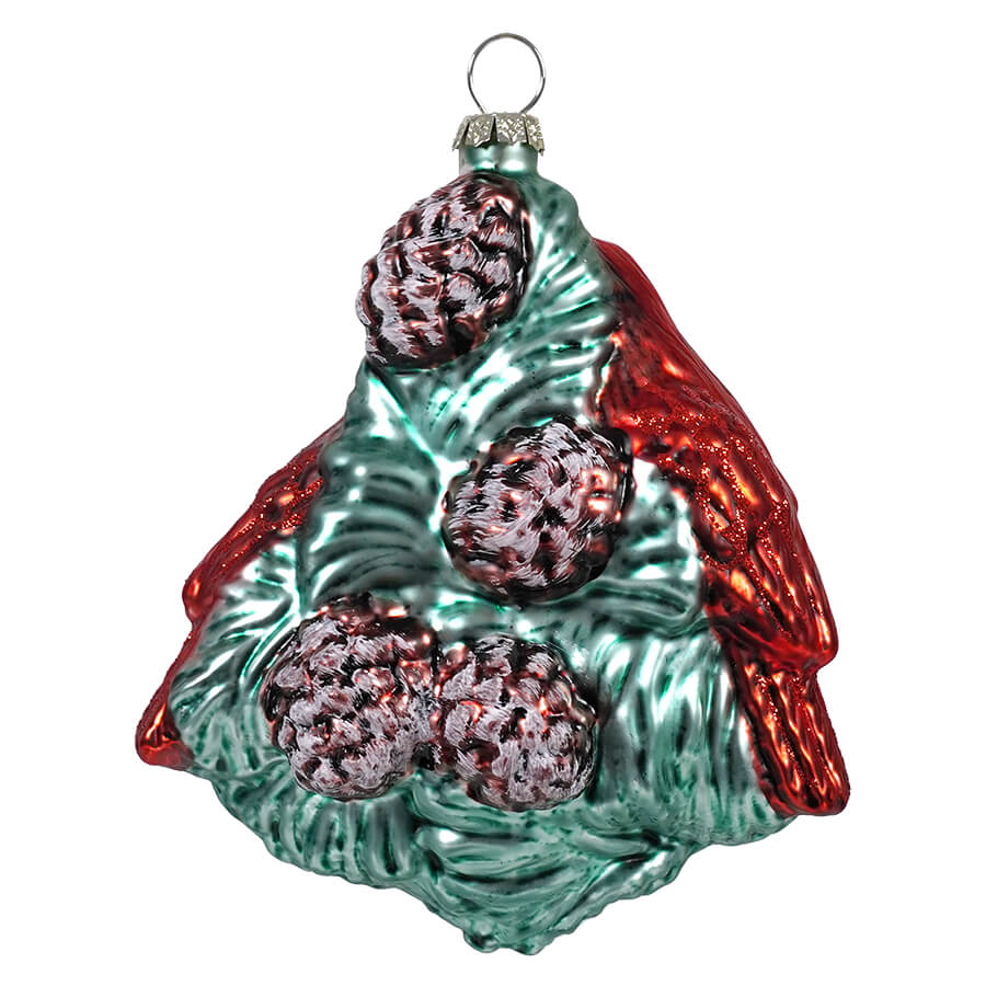 Glass Birds Snuggling On Pinecones Ornament