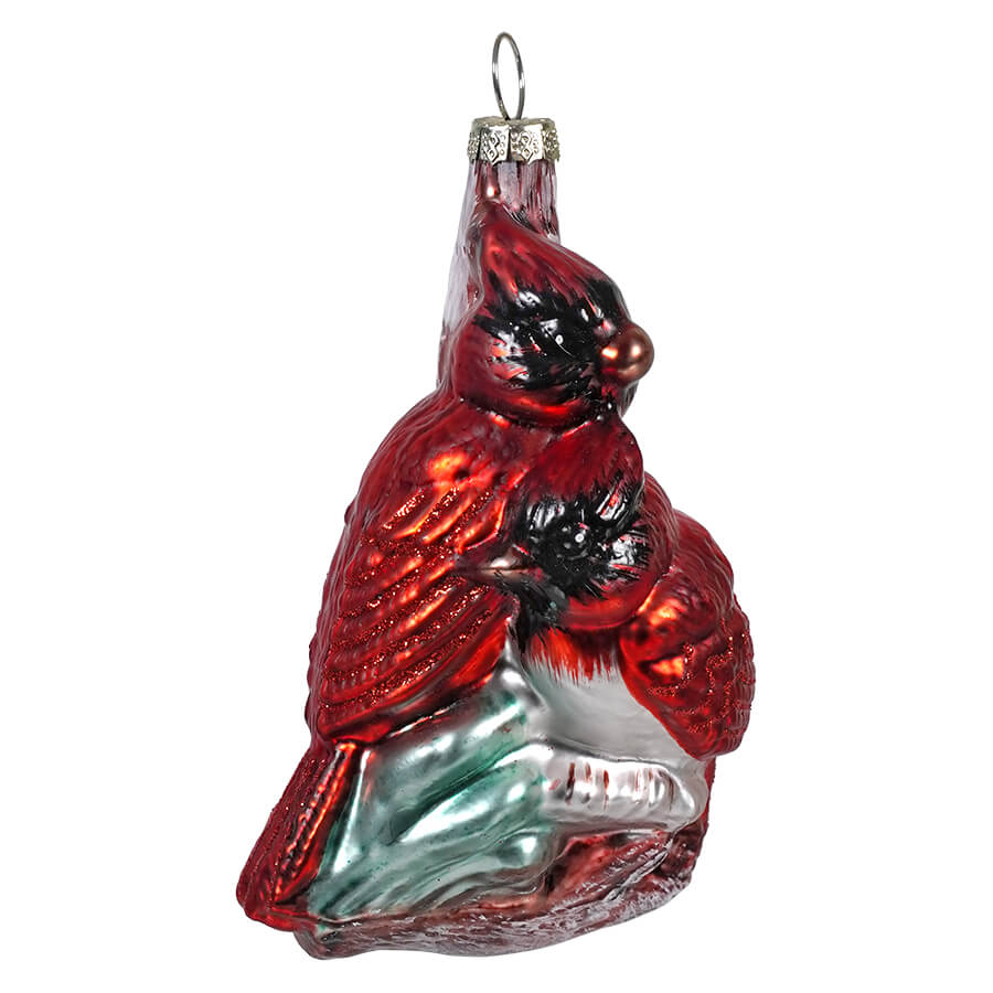 Glass Cardinals Snuggling On Branch Ornament
