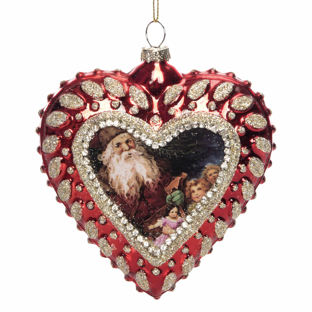 Shimmer Glass Heart Old World Santa Ornament