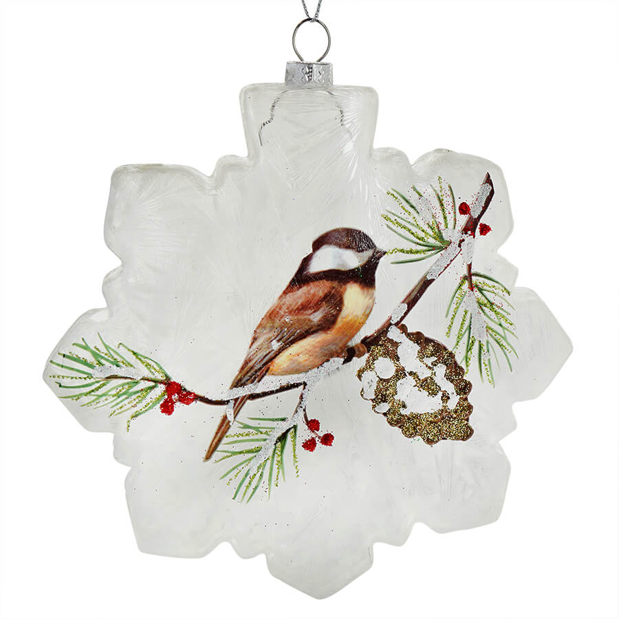 Frosted Glass Snowflake Chickadee Ornament