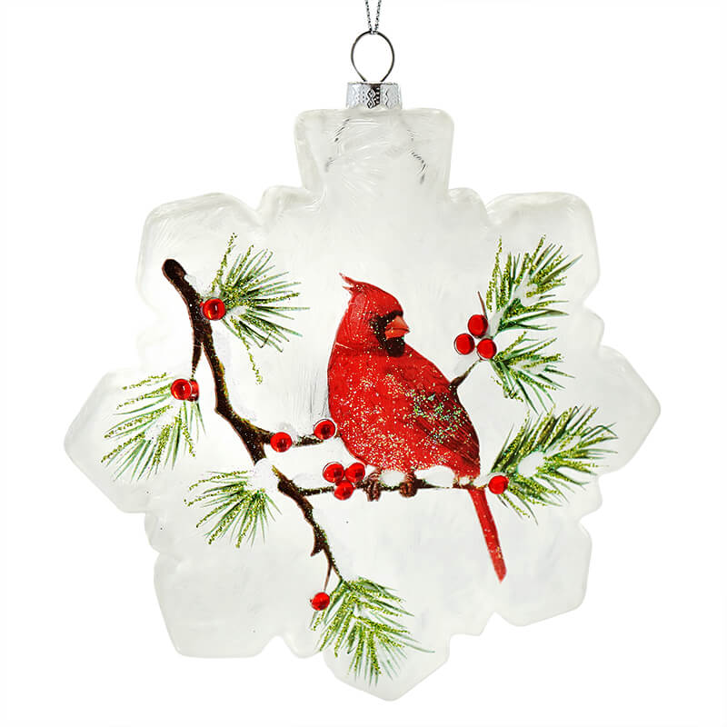 Frosted Glass Snowflake Cardinal Ornament