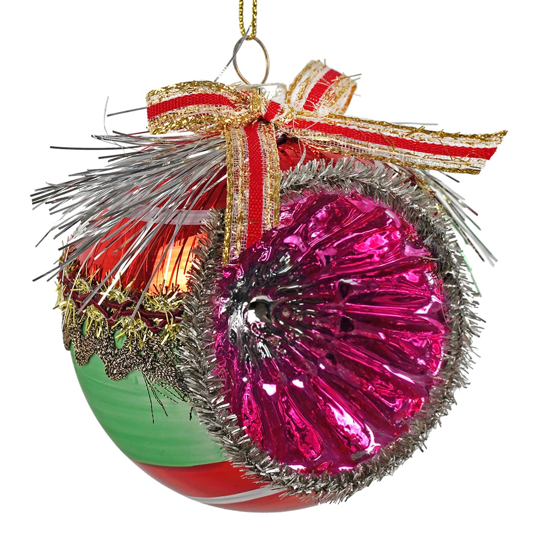 Green, Red & Pink Tinseled Reflector Indent Ball Ornament