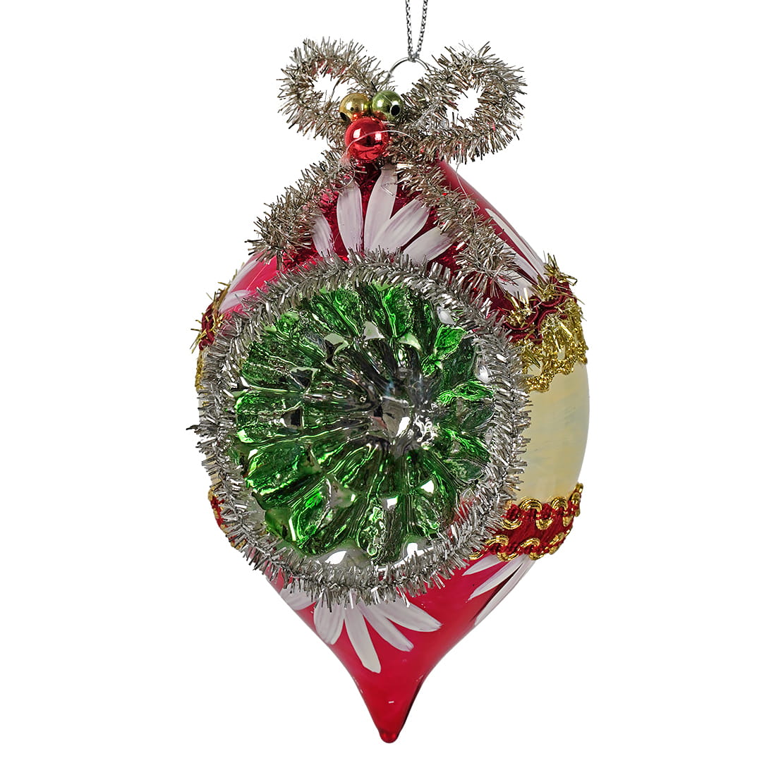 Pink, Green & Cream Tinseled Reflector Finial Ornament With Bow