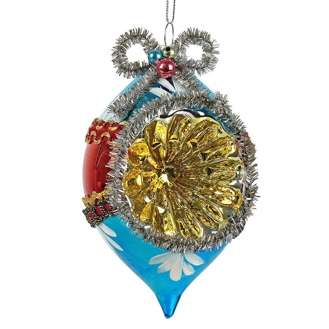 Red, Blue & Gold Tinseled Reflector Finial Ornament