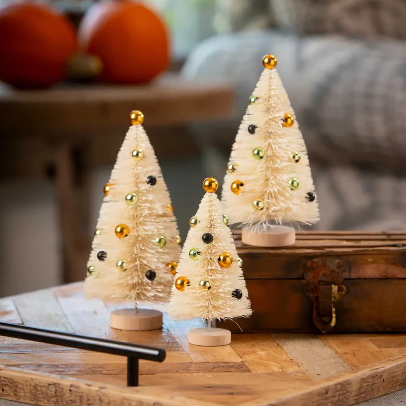 Mini Cream Halloween Bottle Brush Trees Set/3