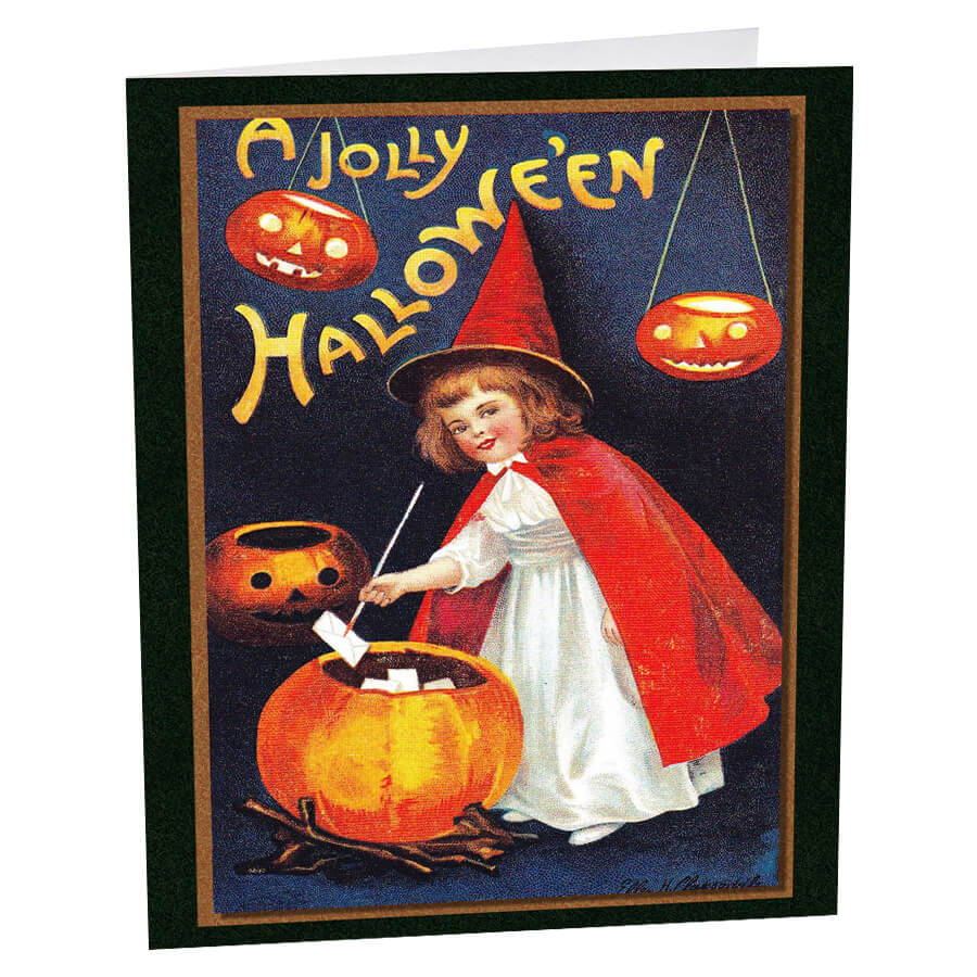 Vintage Halloween greeting card featuring a child in a witch costume roasting marshmallows over a jack-o’-lantern.