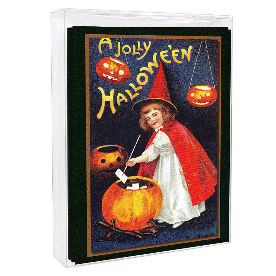 Vintage Halloween poster featuring a child in a red cape stirring a cauldron, surrounded by jack-o’-lanterns.