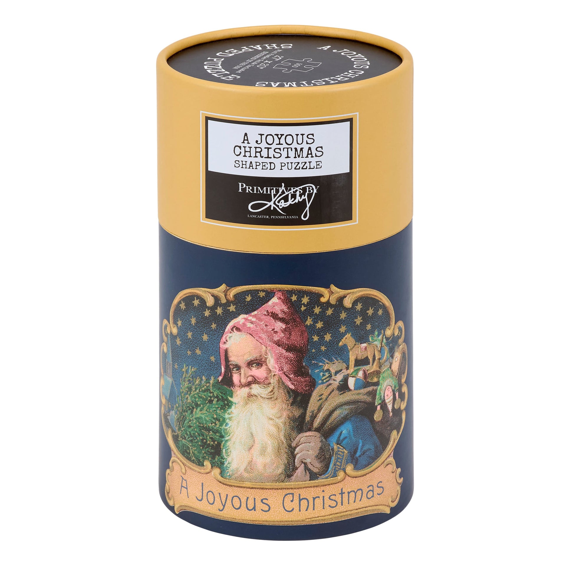 A navy blue cylindrical puzzle box with gold trim featuring vintage santa art for a joyous christmas puzzle perfect with tree skirts or reindeer rug decor