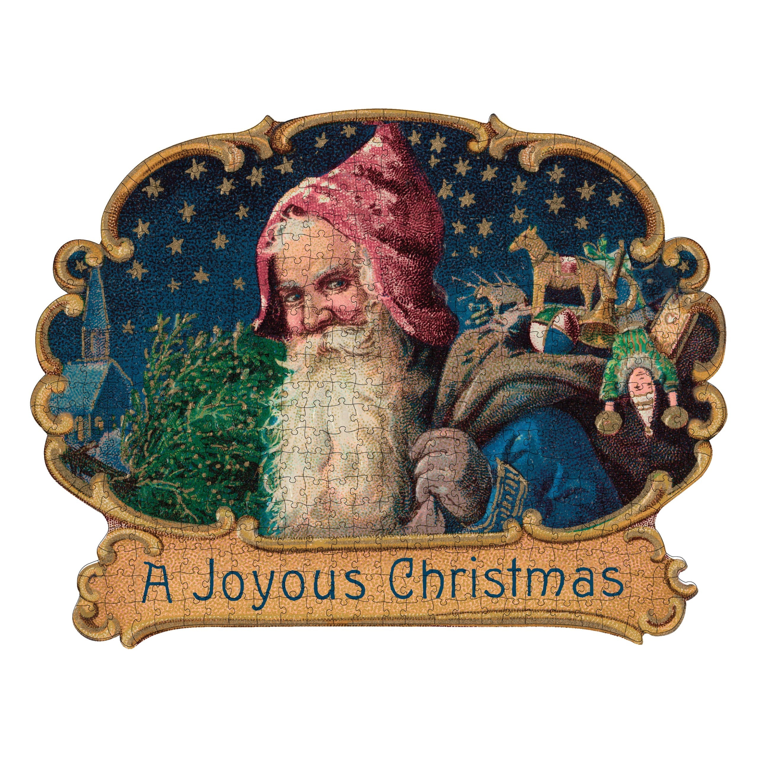 A joyous christmas 500 piece puzzle featuring santa in a red hat and blue robe perfect for outdoor decorative santa setups