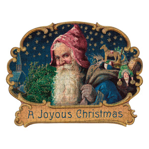 A joyous christmas 500 piece puzzle featuring santa in a red hat and blue robe perfect for outdoor decorative santa setups
