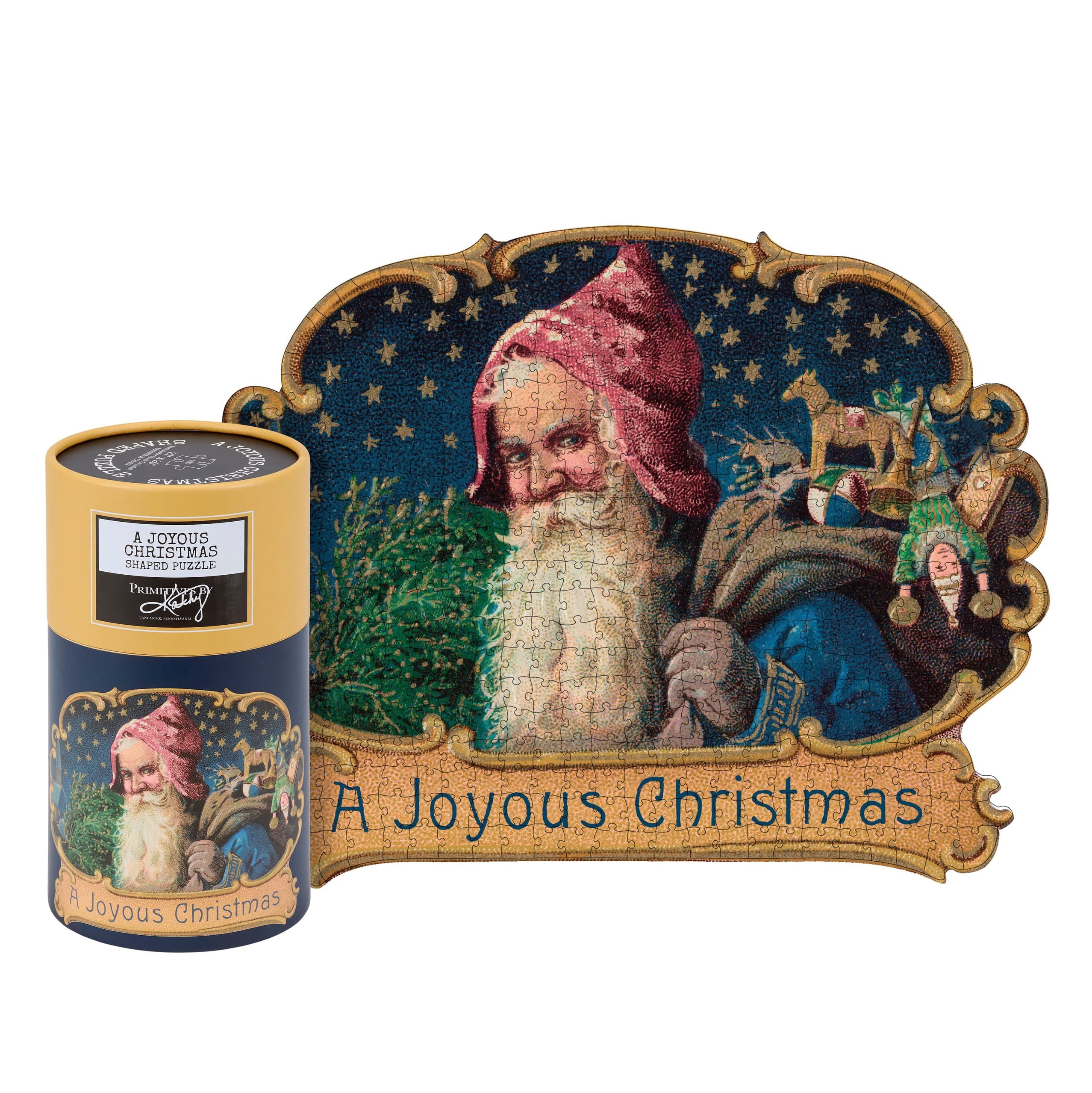 A joyous christmas 500 piece puzzle featuring vintage outdoor decorative santa in blue robe with reindeer rug and kids