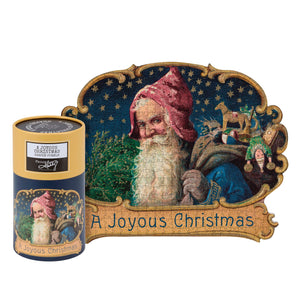 A joyous christmas 500 piece puzzle featuring vintage outdoor decorative santa in blue robe with reindeer rug and kids