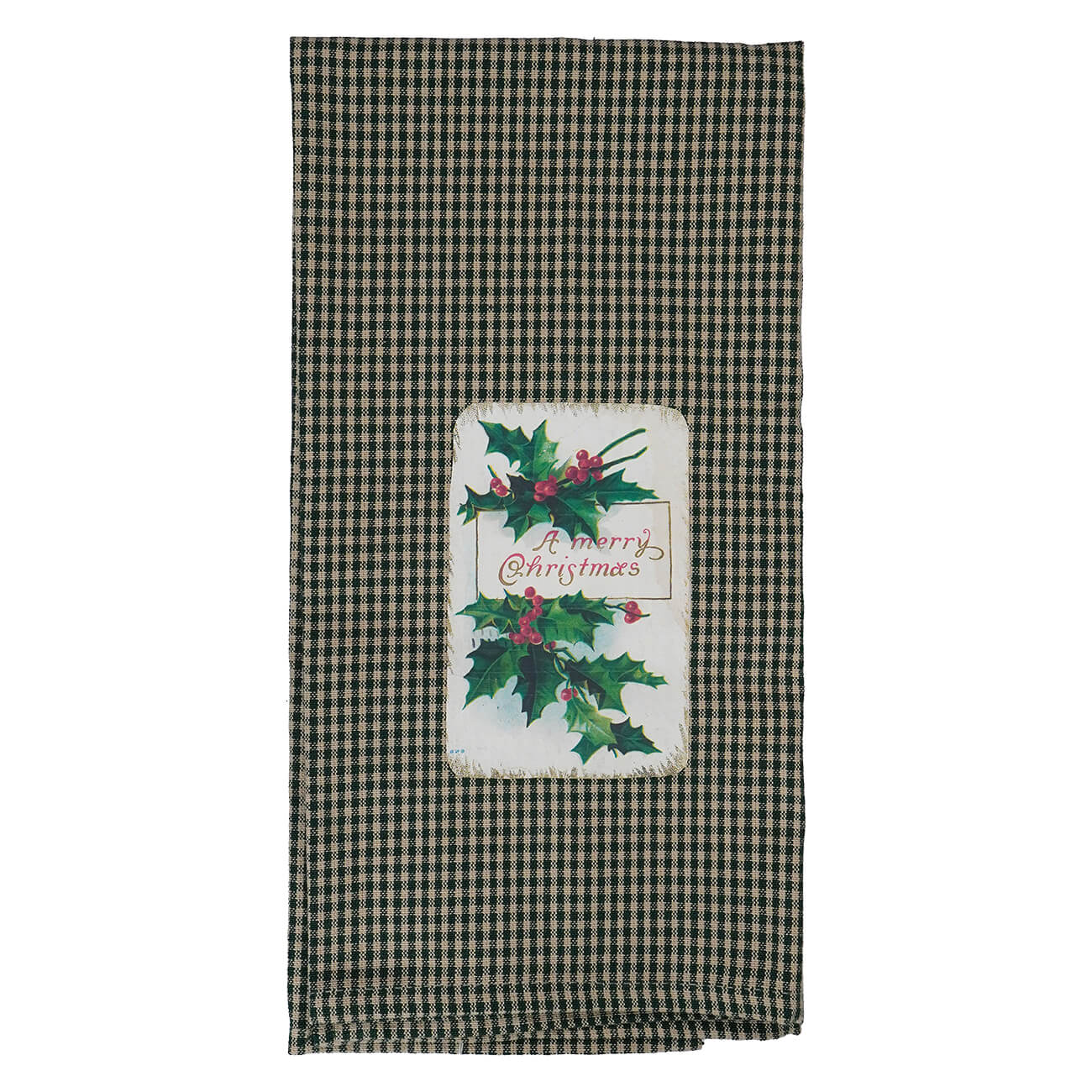 A merry christmas green holly towel featuring festive green and white holly on a plaid background perfect for holidays