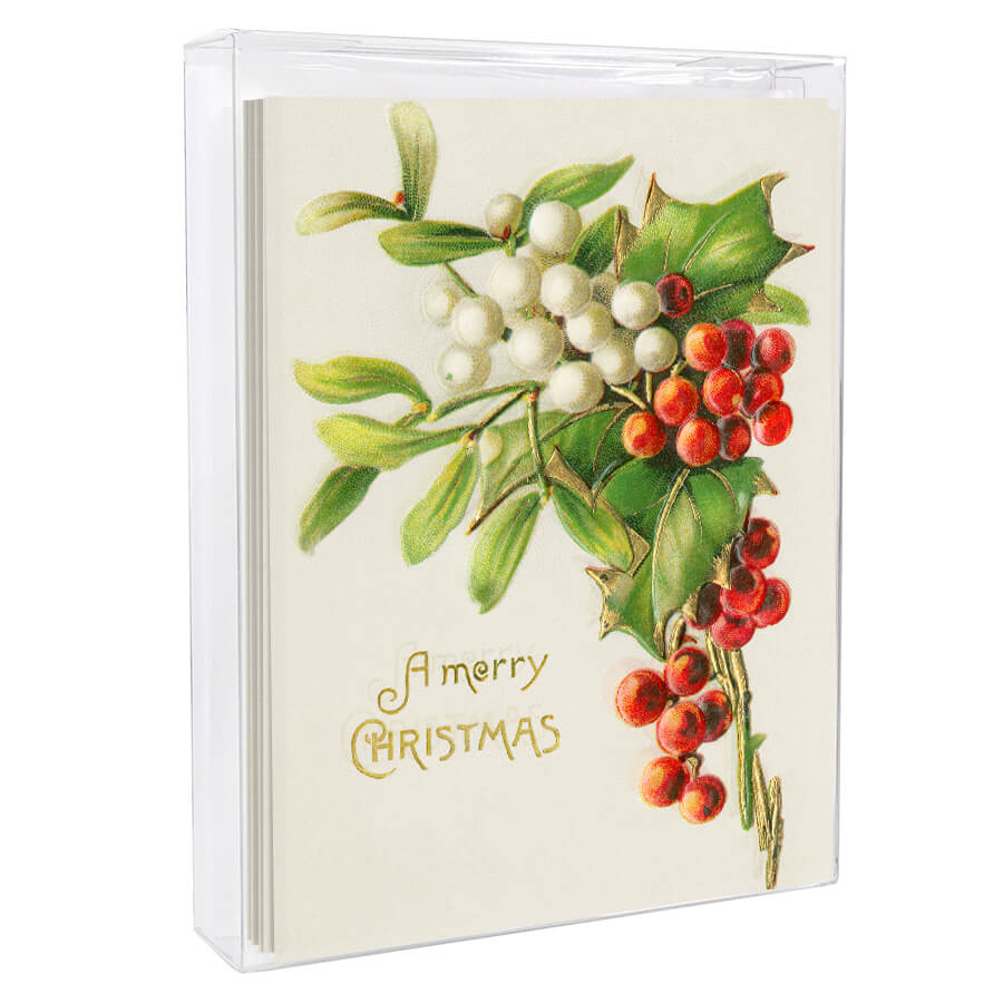 Vintage-style Christmas card featuring holly, mistletoe, and ’A merry Christmas’ text.