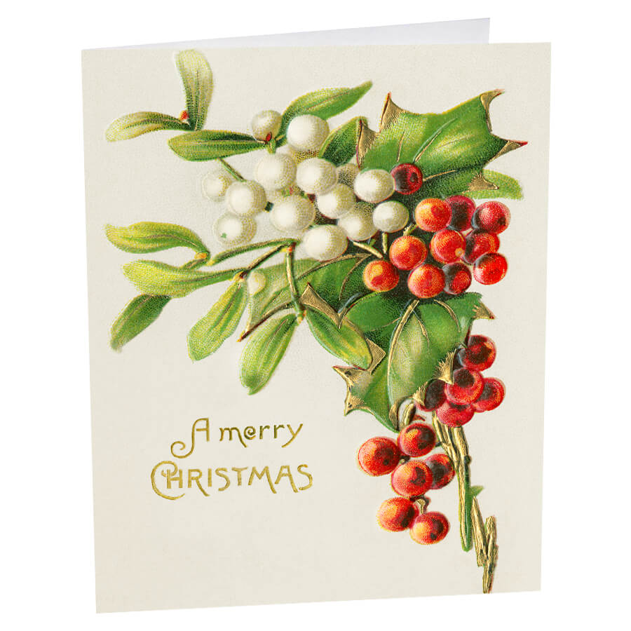 Vintage-style Christmas card featuring holly and mistletoe sprigs with berries.