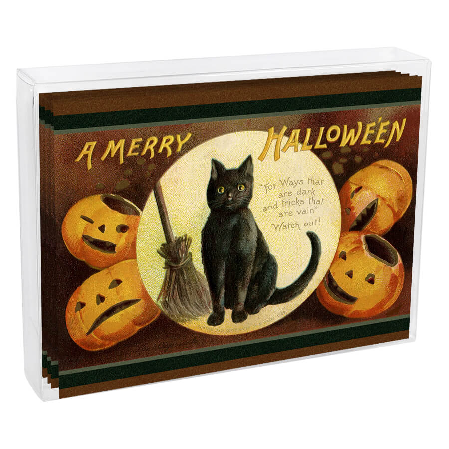 Halloween-themed greeting card featuring a black cat and jack-o’-lanterns.