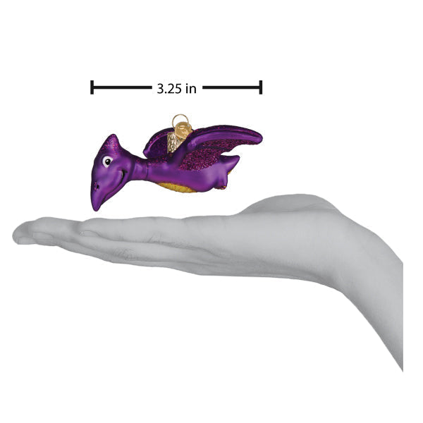 Purple glittery pterodactyl ornament with gold accents and loop for hanging perfect figural decor or lighted decor