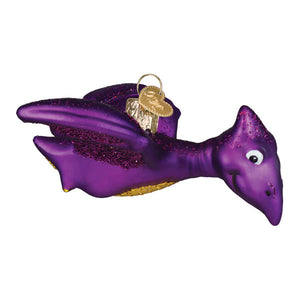 Purple glitter-frosted glass pterodactyl ornament with gold accents and heart tag perfect figural decor or lighted decor
