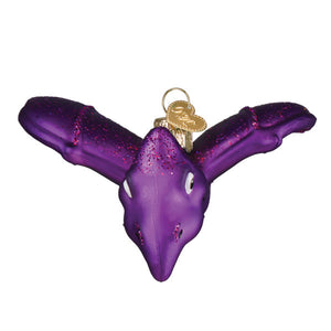 Purple glittery glass bat ornament with gold heart tag perfect for figural decor and lighted decor collections