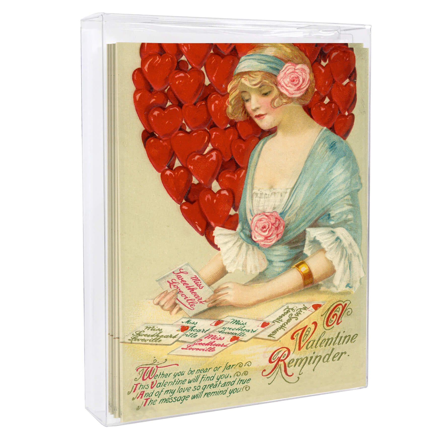 Vintage Valentine’s Day greeting card featuring a romantic illustration with red hearts and pink roses.