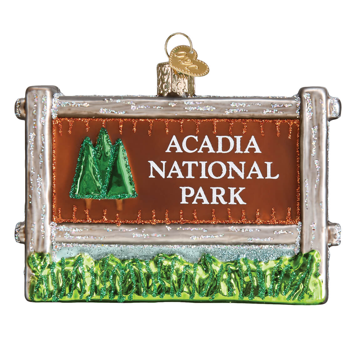 Acadia national park ornament featuring a detailed brown wooden sign design perfect for national park ornament collectors