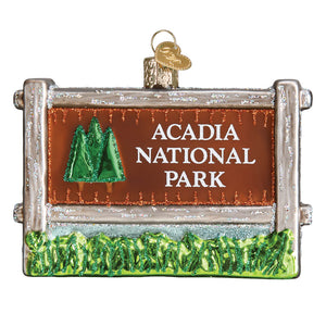 Acadia national park ornament featuring a detailed brown wooden sign design perfect for national park ornament collectors