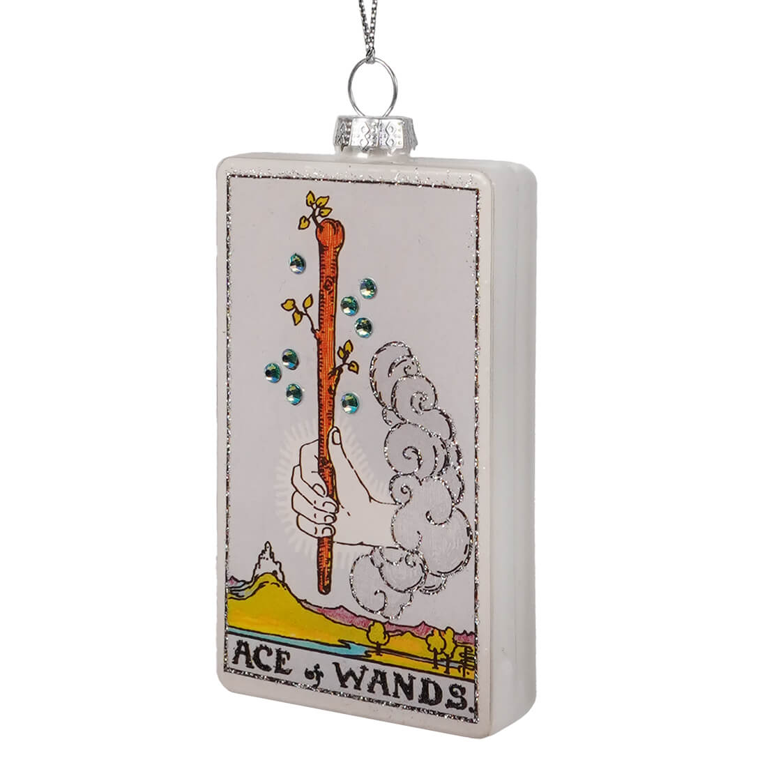 Ace of wands tarot card planchette glass ornament with white glass, green rhinestones, and silver glitter by cody foster