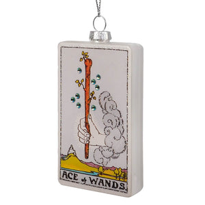 Ace of wands tarot card planchette glass ornament with white glass, green rhinestones, and silver glitter by cody foster