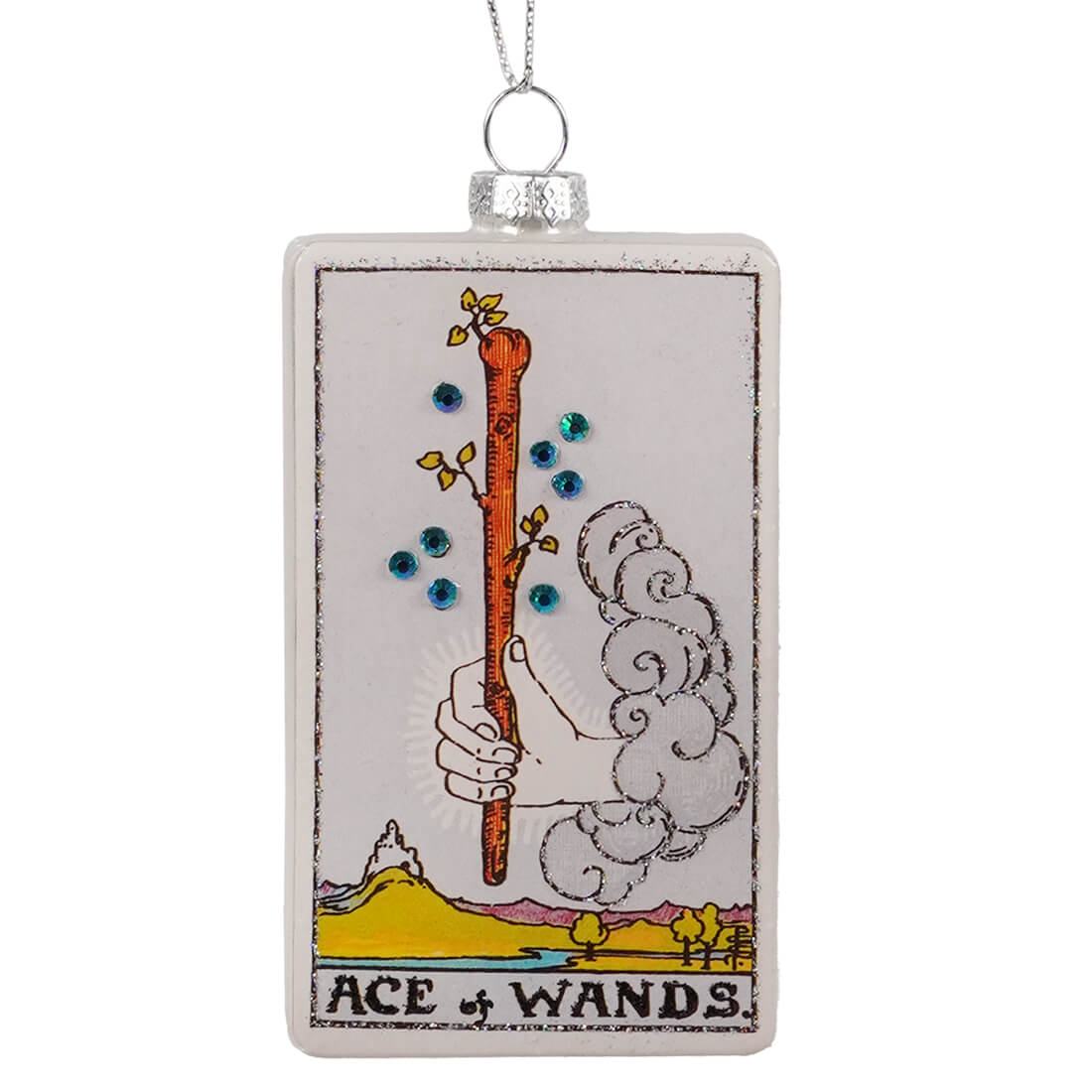 Ace of wands tarot card rectangular glass ornament by cody foster with blue rhinestones and yellow leaves on white background