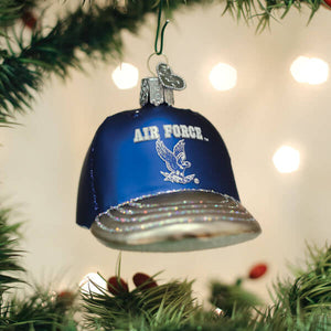Blue glass air force ornament shaped like a baseball cap with silver trim and embroidered logo military ornament