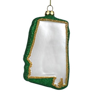 Green and gold glittery glass alabama state ornament in ornament form perfect for northern flicker perched decor