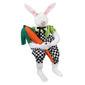 White plush rabbit figurine alfalfa in green striped shirt black white checkered overalls holding carrot for easter display gallerie ii design joe spencer