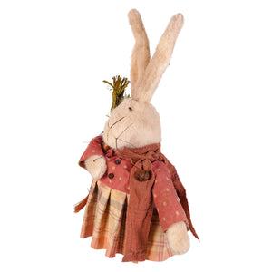 A cream-colored plush alice rabbit in a patchwork red jacket and plaid skirt pink holding carrot by muffin junction design