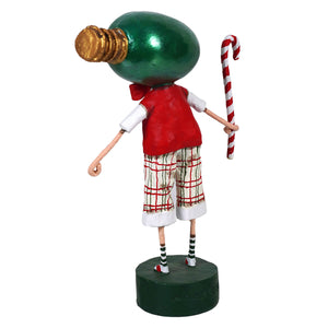 A whimsical all aglow child’s christmas figure with a glossy green light bulb head holding a candy cane