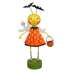 Yellow lori mitchell halloween figural decor with round head orange star dress and black white striped legs for all hallows moon