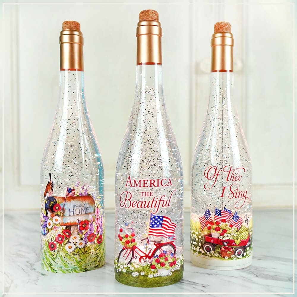 America The Beautiful Lighted Wine Bottle Water Lantern