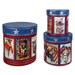 Red and blue americana nesting boxes set 3 with vintage patriotic illustrations by bethany lowe designs