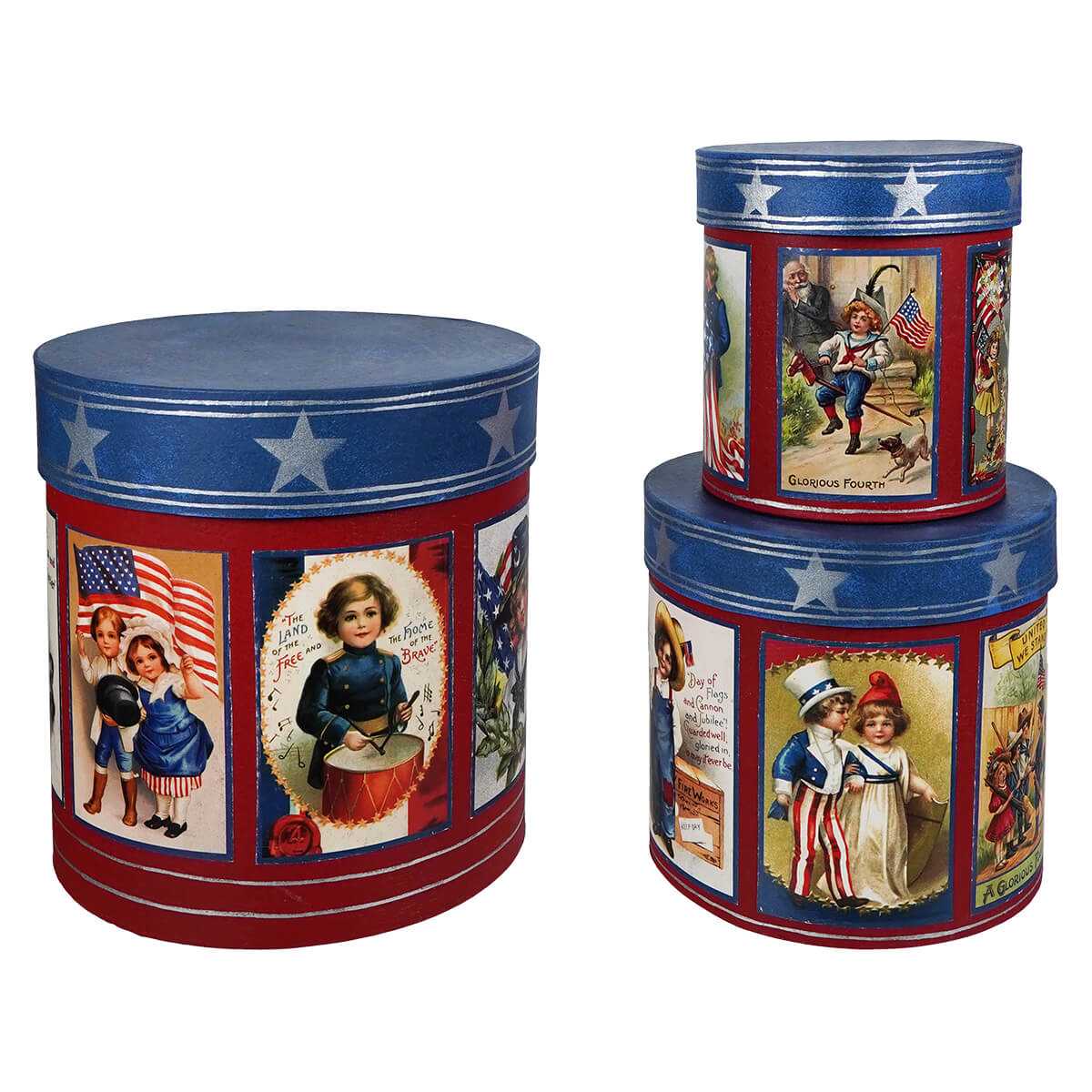 Red and blue cylindrical americana nesting boxes set 3 with vintage patriotic bethany lowe designs illustrations