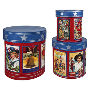 Red and blue americana nesting boxes set 3 with vintage bethany lowe designs and patriotic star patterns