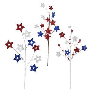 Patriotic decorative sprays featuring red, white and blue glittery star shapes.