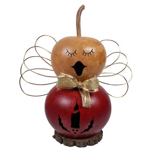 Anastasia tiny angel gourd ornament with tan face, gold wire wings, shiny bow, from meadowbrooke gourds