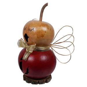 Anastasia tiny angel gourd ornament by meadowbrooke gourds with tan top, black beak, gold bow, and wire wings