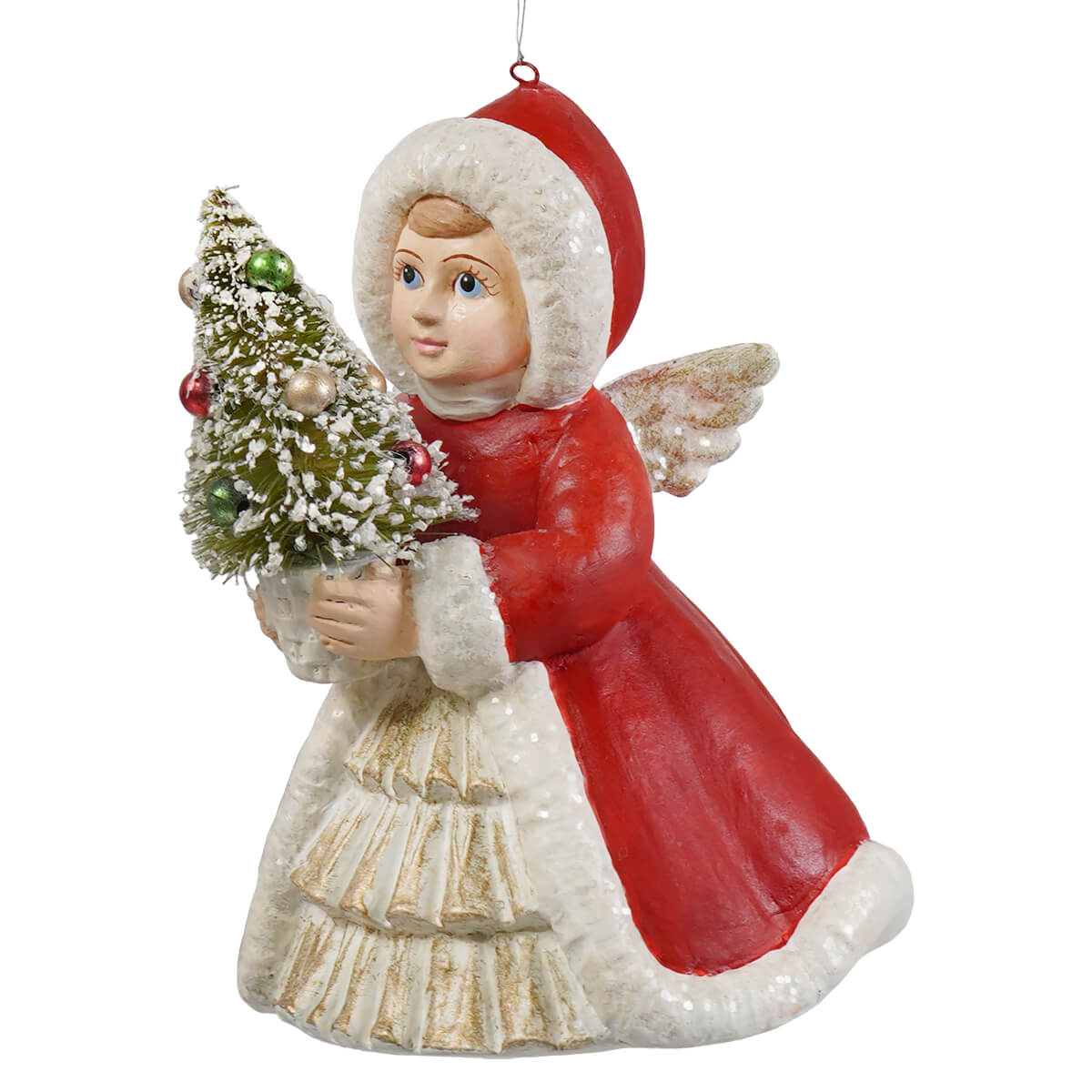 A bethany lowe design red and white angel holding tree ornament with gold-trimmed wings and a frosted christmas tree